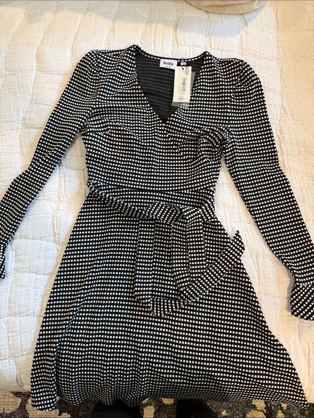 Leota Black & White Grid Wrap-Style Long Sleeve Dress
